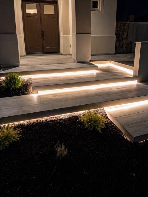 Stone paver steps with integrated lighting